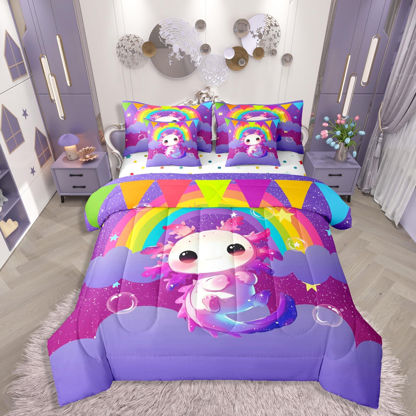 Erosebridal Girls Axolotl Queen Comforter Set Kids Cute Rainbow Axolotl Bed in a Bag with Flat and Fitted Sheet Kids Cartoon Kawaii 7-Piece Bedding Set Galaxy Stars Fantasy Quilt Duvet Sets,Purple