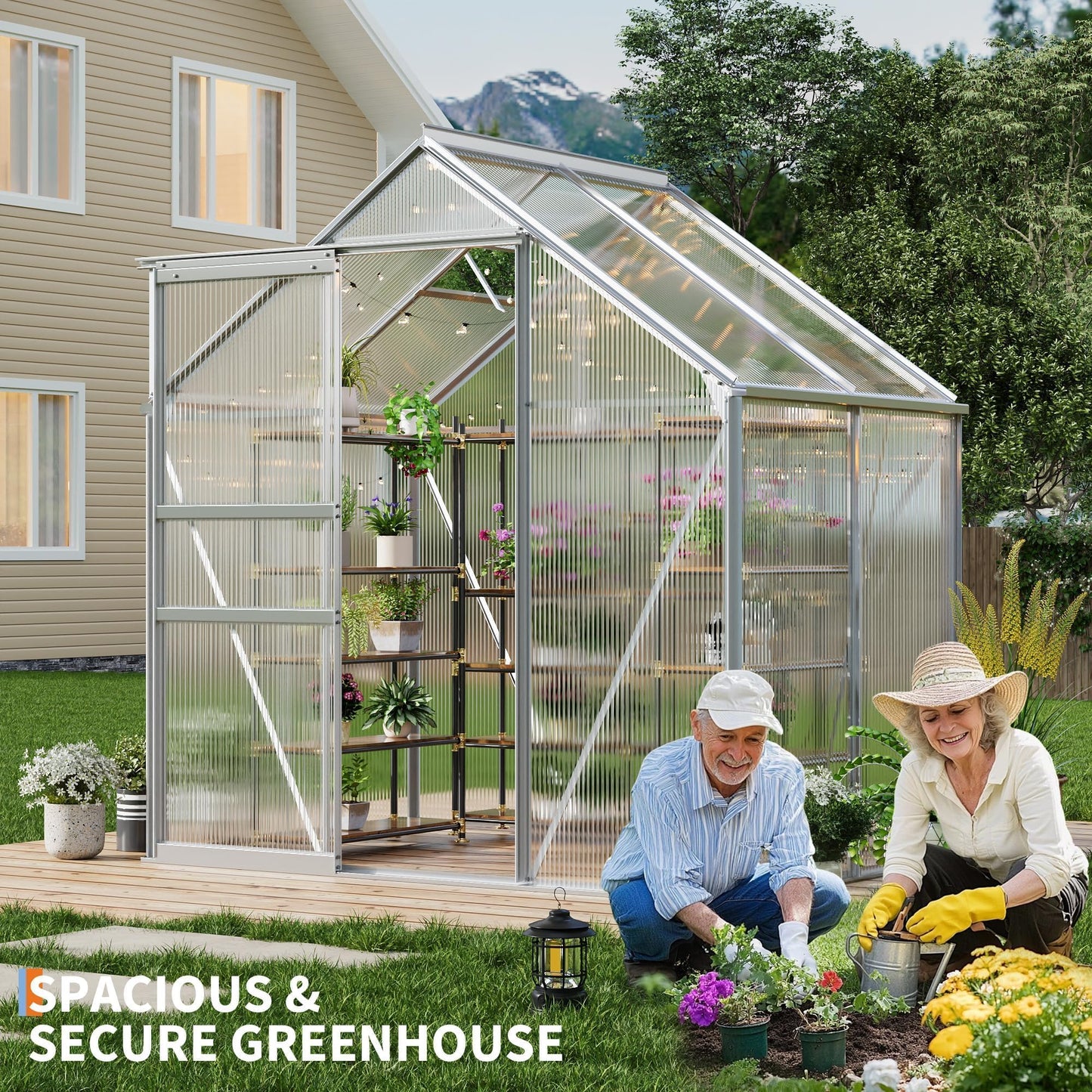 COZONY Heavy Duty Aluminum Frame Walk-in Greenhouse, 6x4 FT Polycarbonate Panels - Sliding Door, Adjustable Roof Vent, Rain Gutter - Weather Resistant Outdoor Garden Structure for Backyard, Patio,