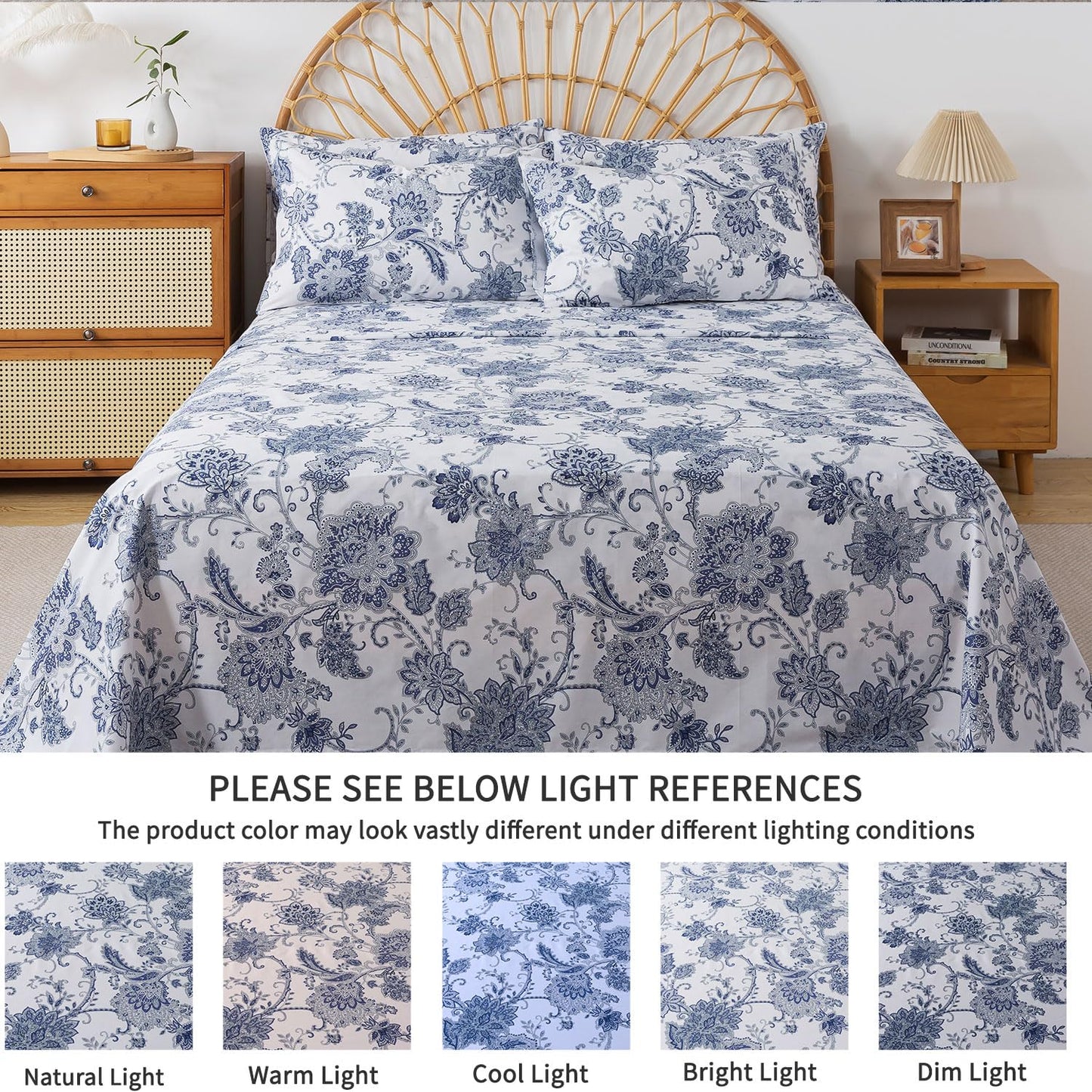 FADFAY Cal King Sheets Set Percale Cotton Floral Bed Sheets Deep Pocket Fitted Sheet, Luxury Blue Floral Pattern Classic European Style Bedding for All Season,Super Soft Crisp & Breathe,4Pcs