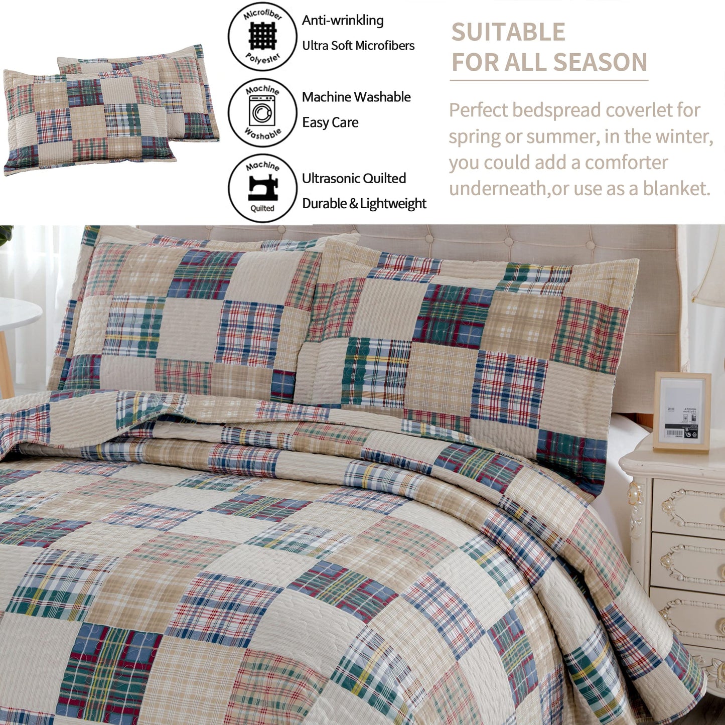 Plaid Collection King Size Quilt Set - Lightweight Reversible Bedspread with Pillow Shams, Beige