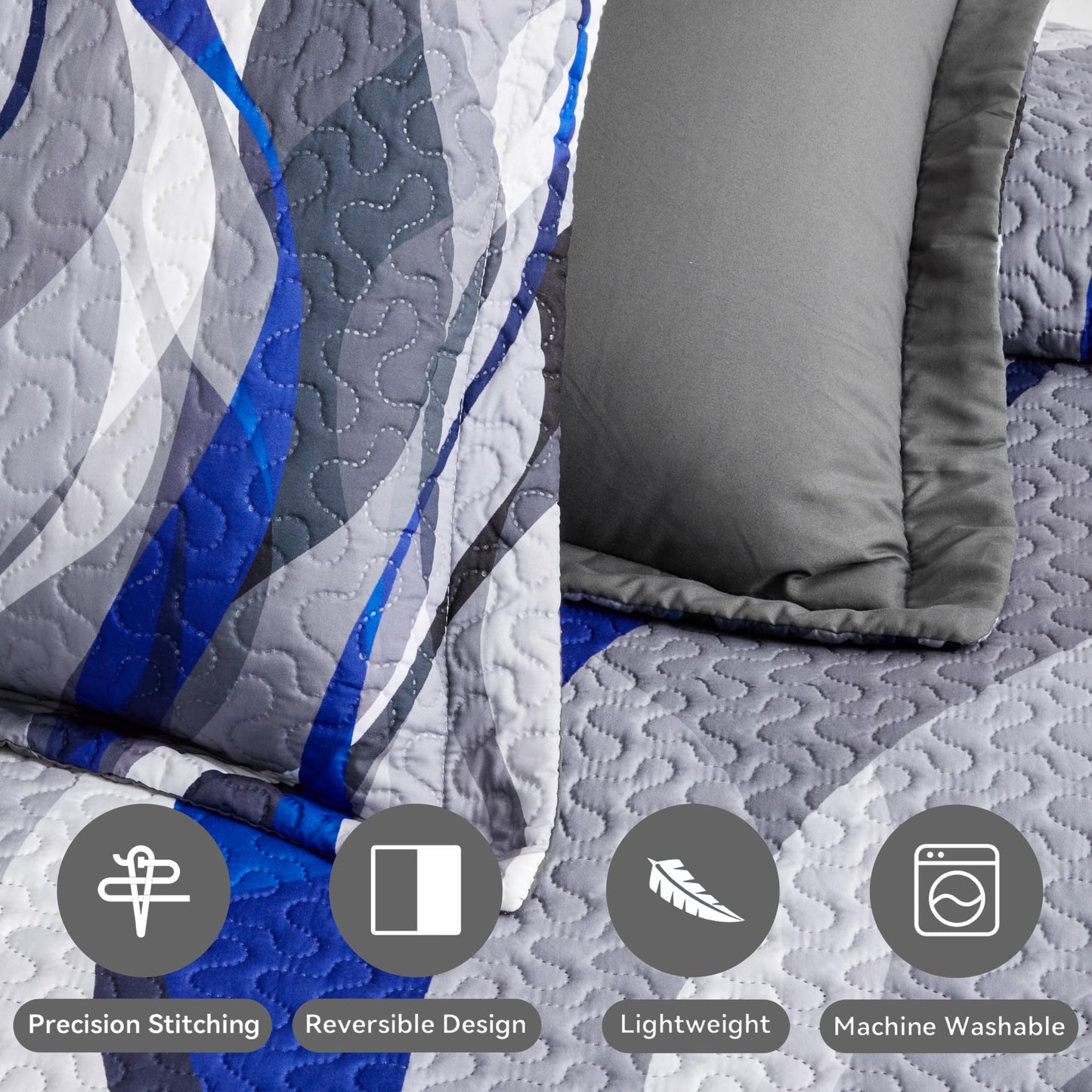 weesire Queen Quilt Bedding Set Blue Black Comforter Set Stripe Full Size Bedspreads with 2 Shams, Modern Pattern Lightweight Breathable Coverlet, 90''X96''