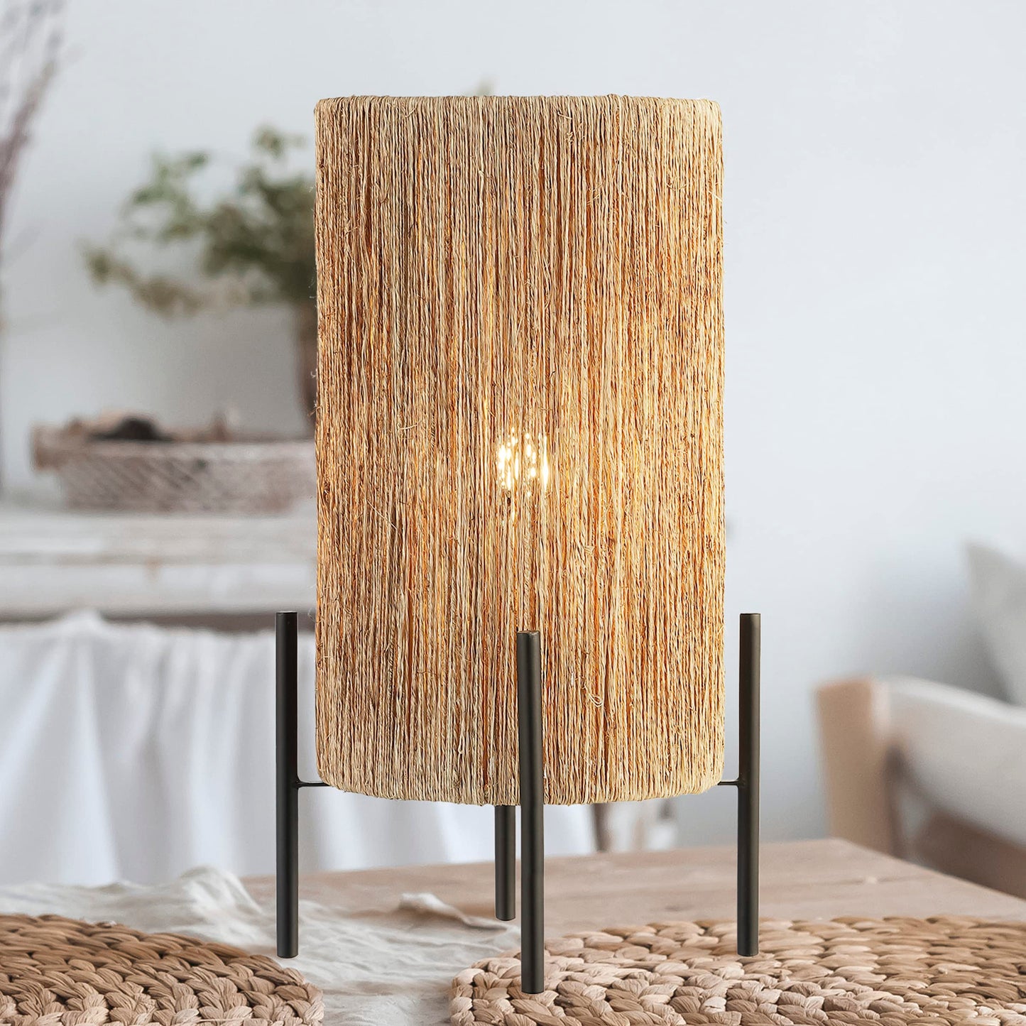 JONATHAN Y 16.5" Brown Woven Rattan LED Table Lamp, Coastal Minimalist Cylinder Accent Light for Living Room, Bedroom, Nightstand, Bohemian Style, LED Bulb Included JYL4043A