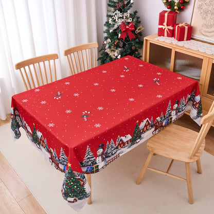 Christmas Tablecloths Rectanglar Winter Snowman Farmhouse Christmas Tree Table Cloth- 60 x 84 Oblong Polyester Red Xmas Table Cover Washable Waterproof for Holiday Decoration Party Kitchen Dining