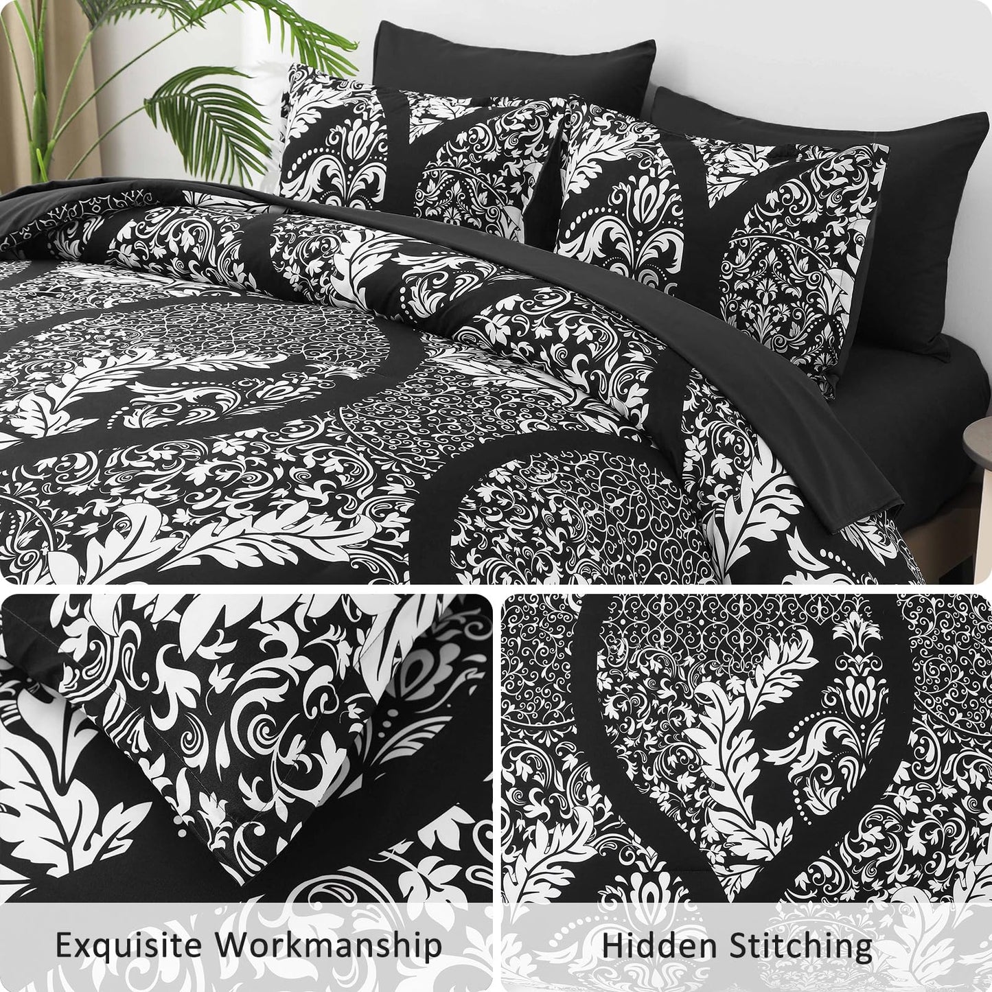 Anibedding Black Comforter Set King Size, 7 Pieces Bohemian Damask Comforter Set Soft Lightweight Microfiber Bedding Set for All Season (104"x90")