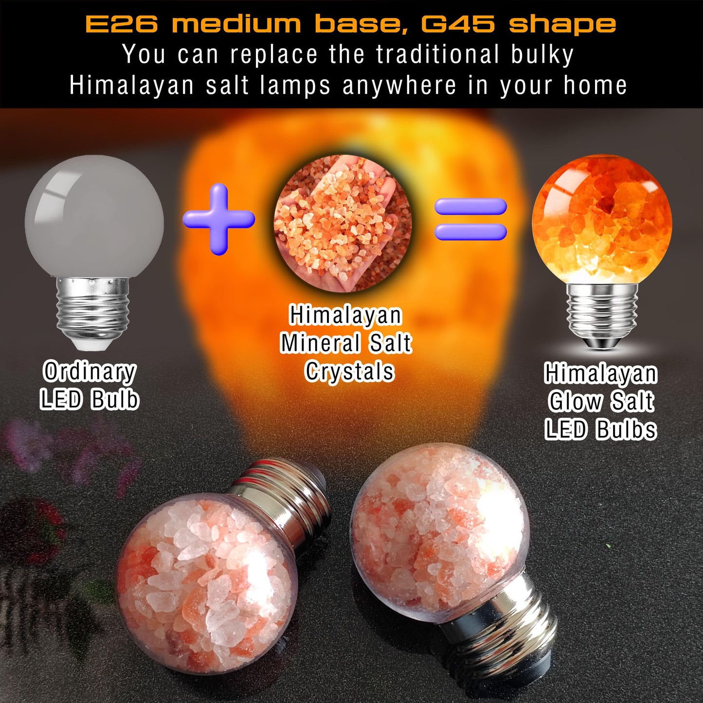 E26 Himalayan Salt Lamp Light Bulbs 3W, 2200K Warm Amber Night Light Bulbs 100lm, E26 G45 Pink Salt Rock Lamp Bulb for Bedroom Sleep, Stress Relief, Ambient Mood Lighting, Decor, Non-Dimmable, 4 Pack