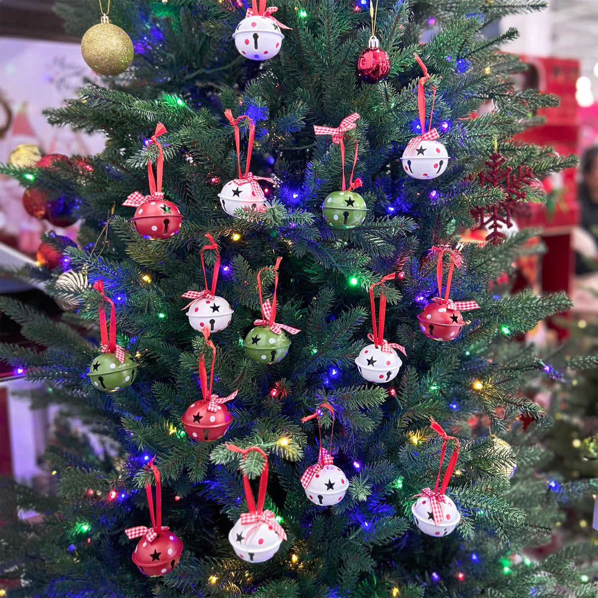 Christmas Jingle Bells 2" Star Cutouts Metal Decorative Bells with Ribbons for Xmas Tree Ornaments Wreath Festival Crafts Home Decorations (12 Pcs)
