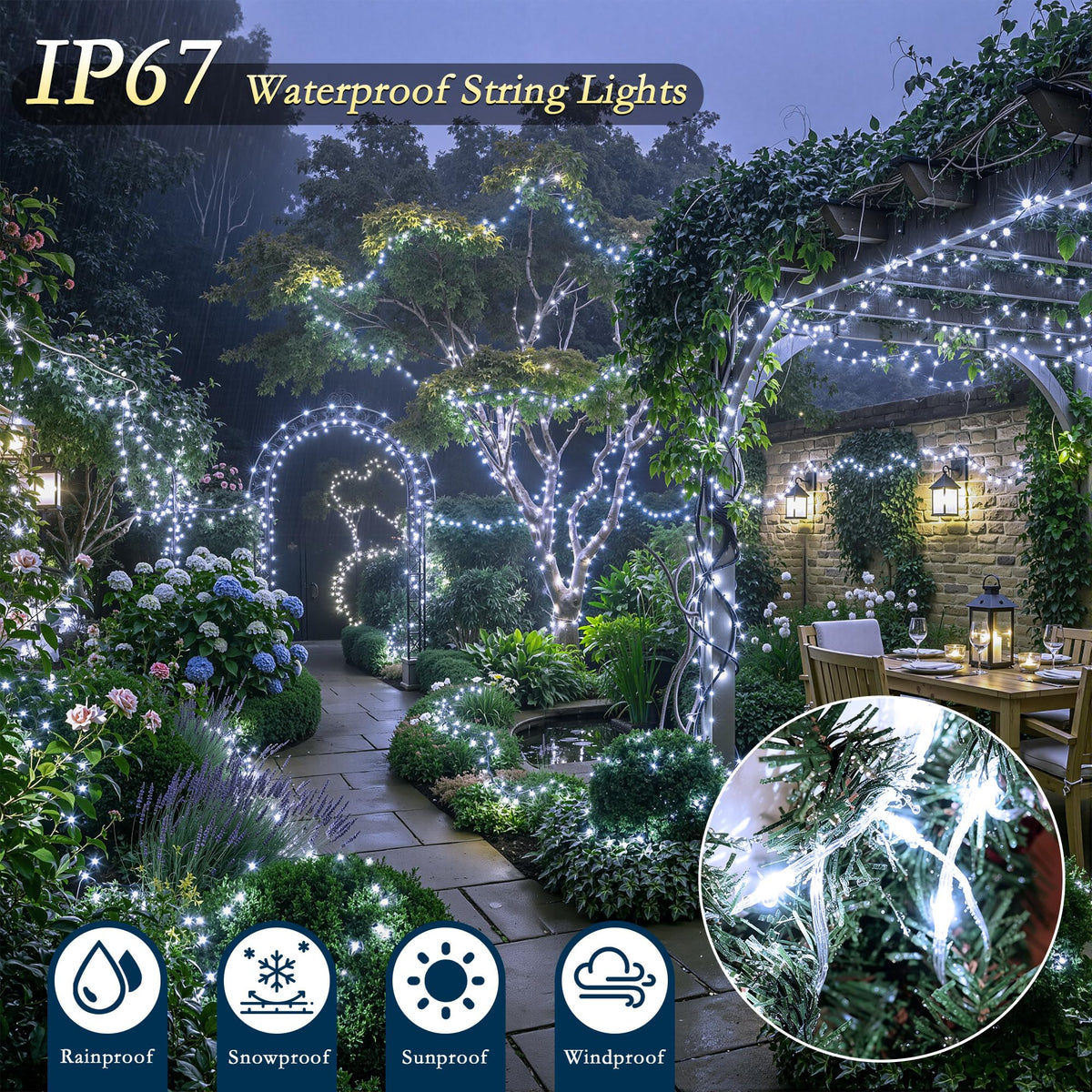 Soagrc 264FT 800LEDs Outdoor String Lights Plug in IP67 Waterproof Twinkle Lights with Remote Dimmable 8 Modes Cool White Decorative Lights for Villa Backyard Pool Deck Summer Wedding Party Christmas
