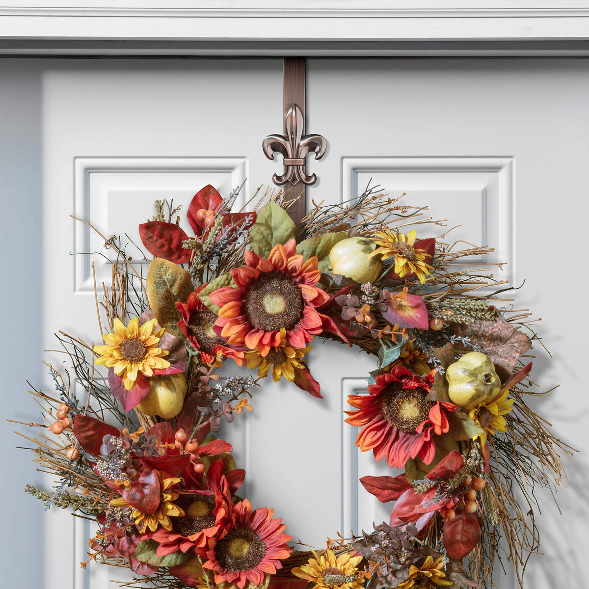 Haute Decor Adjustable Length Wreath Hanger with Removable Icon (Oil-Rubbed Bronze - Fleur De Lis) - Metal Over The Door Wreath Hanger for Front, Back, Interior Doors