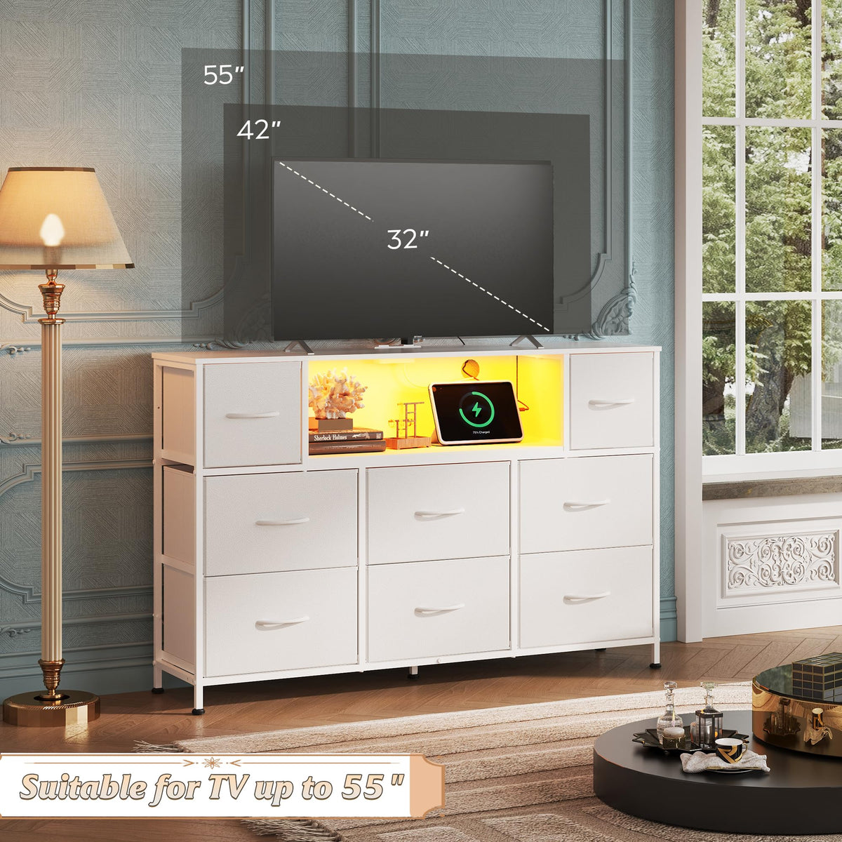 WLIVE White Dresser TV Stand for 45, 50, 55 inch TV, Entertainment Center with LED Lights & Charging Station, Chest of Drawers with 8 Fabric Drawers and Open Shelves for Living Room, Hallway, Wood Top