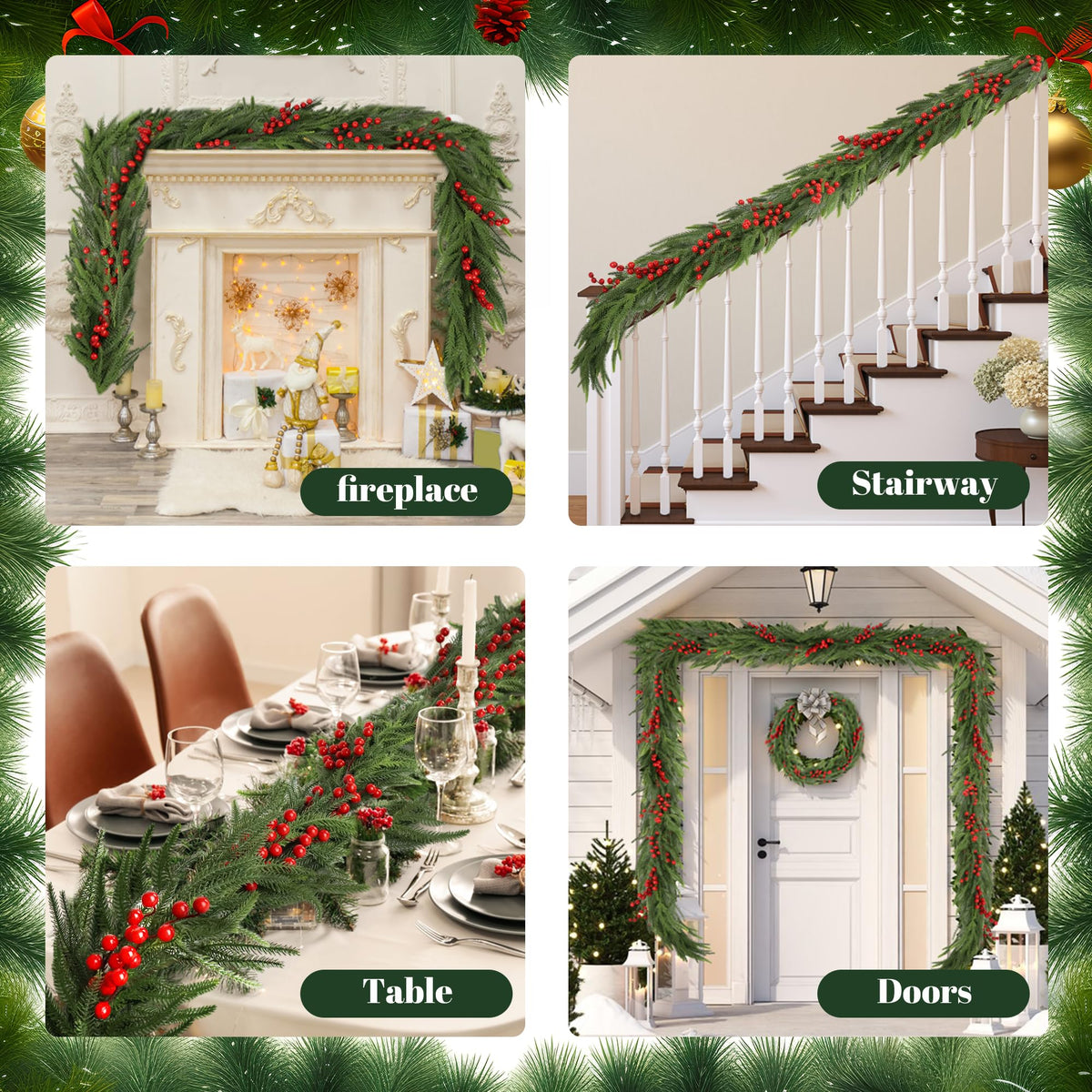 Christmas Norfolk Pine Garland 2PCS 9FT,Real Touch Faux Winter Greenery Garland with Light for Stairs Table Fireplace Backdrop Wall,Christmas Holiday Seasonal Winter Decor