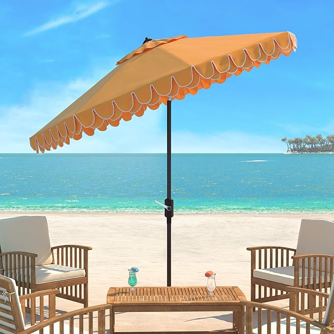 SAFAVIEH 9ft Outdoor Patio Umbrella, Round, Valance, Yellow & White Trim, Auto Crank Tilt, UV Resistant for Deck, Backyard, Poolside (PAT8006B)