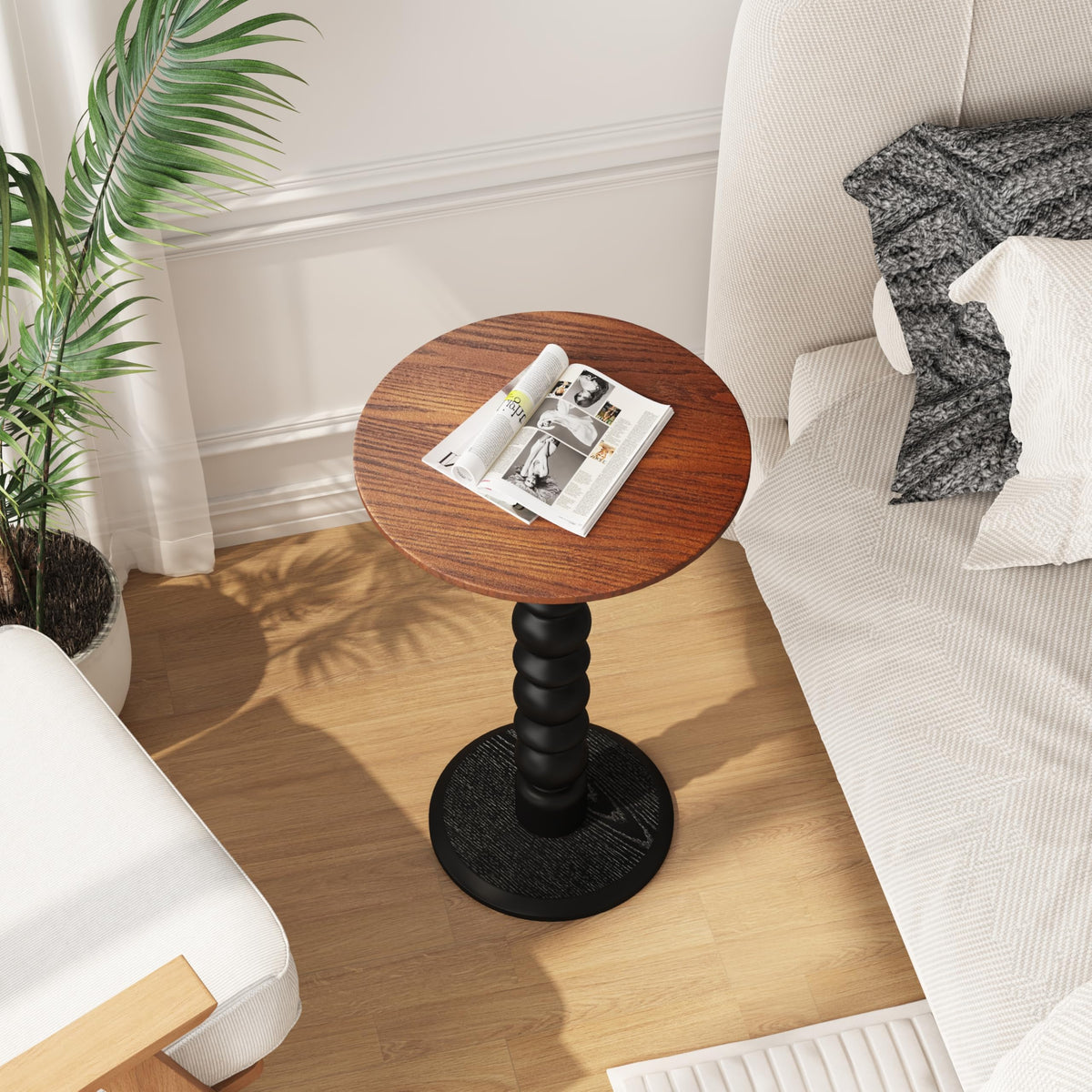 zaowofires Solid Wooden Round Side Table(Walnut/Black, 11.8" W*21.65" H)
