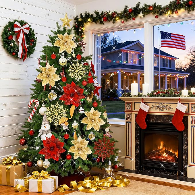 76Pcs Christmas Tree Decorations Set, Golden Red Assorted Ornaments with Large Shatterproof Plastic Balls, Star Tree Topper, Glitter Berries Stems, Ribbon for Indoor Garland Home Holiday Wedding Decor