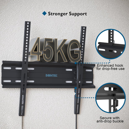 BONTEC Ultra Slim TV Wall Bracket, Tilting TV Wall Mount for 23-60 Inch Flat and Curved TVs, Low Profile Wall Mount 30mm from Wall, Max VESA 400x400mm, Holds 45kg, Includes 5 Cable Ties