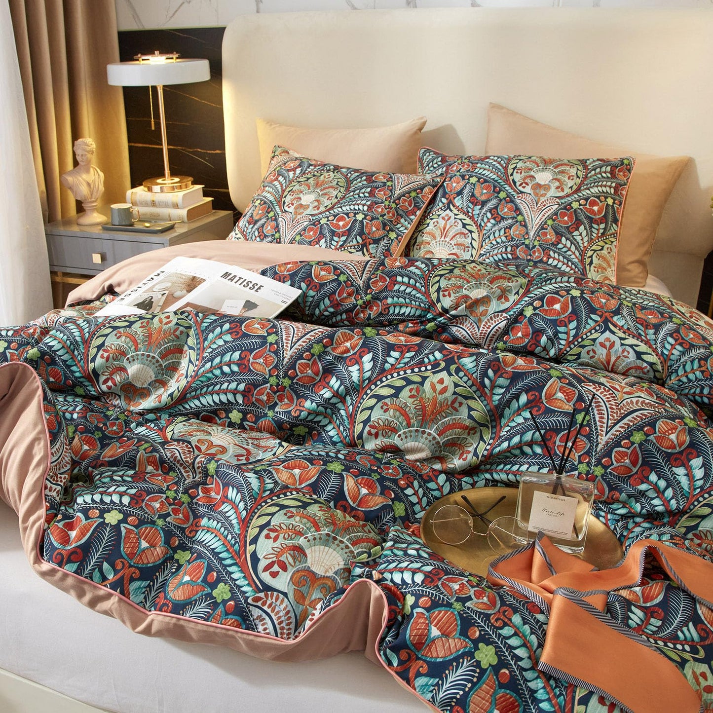 VM VOUGEMARKET Boho Duvet Cover Queen,Paisley Flower Printed Long Staple Cotton Duvet Cover with 2 Pillowcases,Retro Damask Medallion Bedding Set-3 Pieces 90"x90"