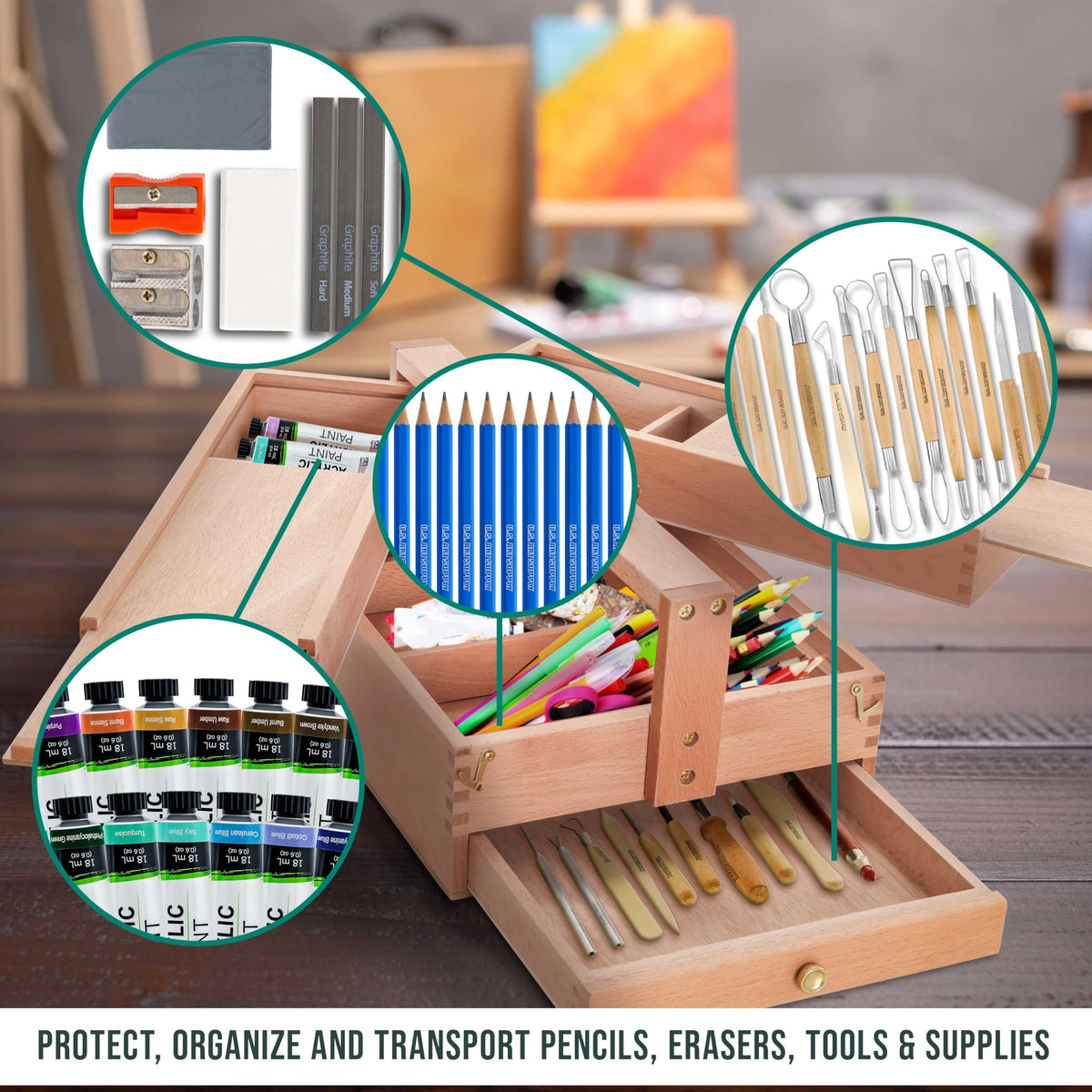 U.S. Art Supply Multi-Function Artist Tool Supply Box with Locking Clasps & Tool Storage Box - Wooden Art Box for Artist Supplies, Brushes, Pencils, Erasers, Tool Storage Organizer Case