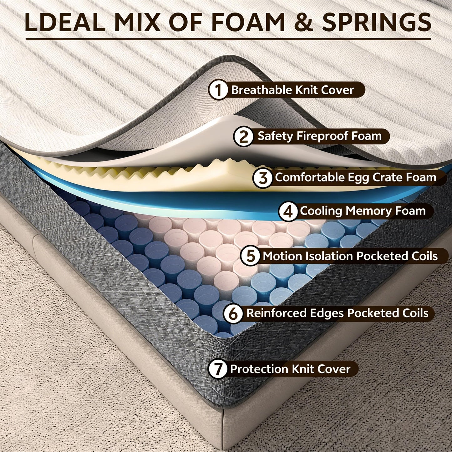 Matoresu 12 Inch Full Mattress Medium Firm,Hybrid Full Mattresses, 7-Zone Memory Foam Mattress with Pocket Sprung for Body Support & Pressure Relief
