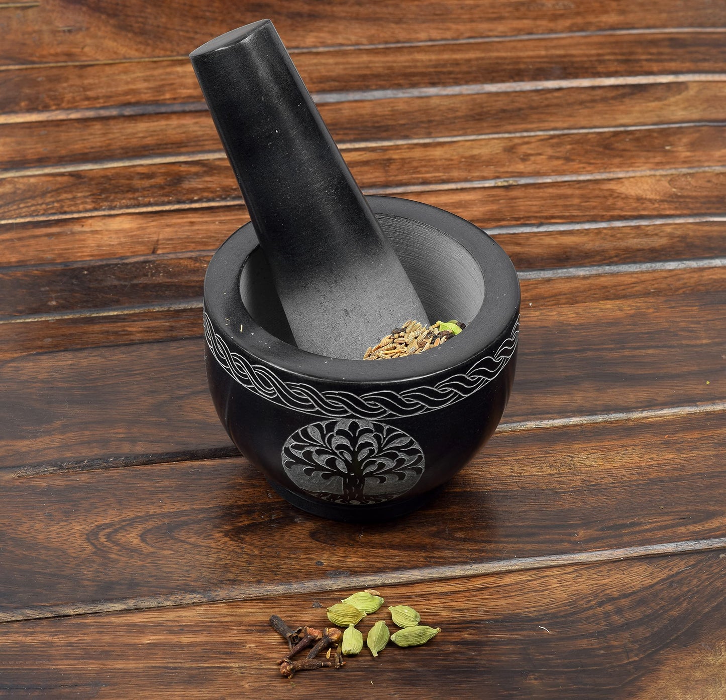 Samhita Tree of Life Natural Stone Mortar & Pestle Mortar Diameter- 3.75"x 2.75" Pestle-5" x 1.5"