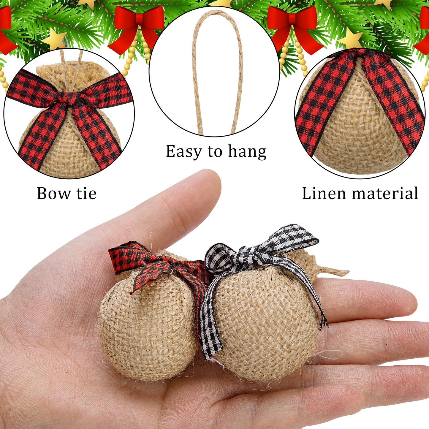 Deloky 24 Pcs Buffalo Plaid Fabric Ball Ornaments- 1.6 Inch Christmas Fabric Wrapped Burlap Hanging Balls- Rustic Buffalo Check Christmas Tree Ball Decoration for Holiday Party Home Decor