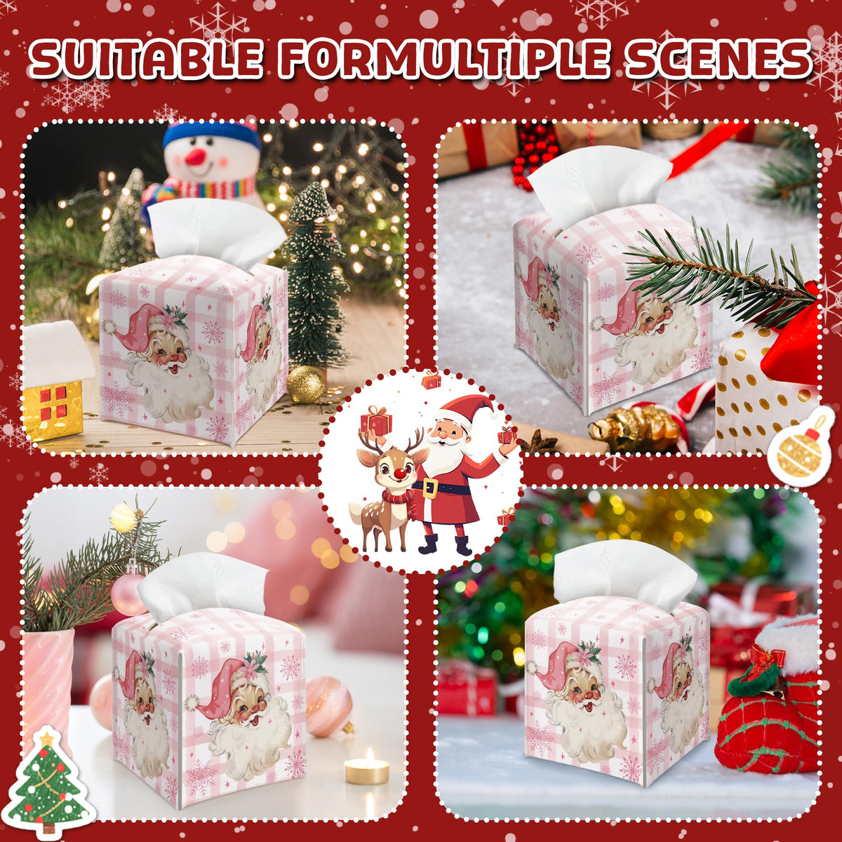 Christmas Box Cover Square, Santa Claus Pink Checkered Decorative Tissue Box Holder, Waterproof Leather Tissues Boxes Dispenser for Bathroom, Office, Car, Bedroom Nightstand, Home Decor