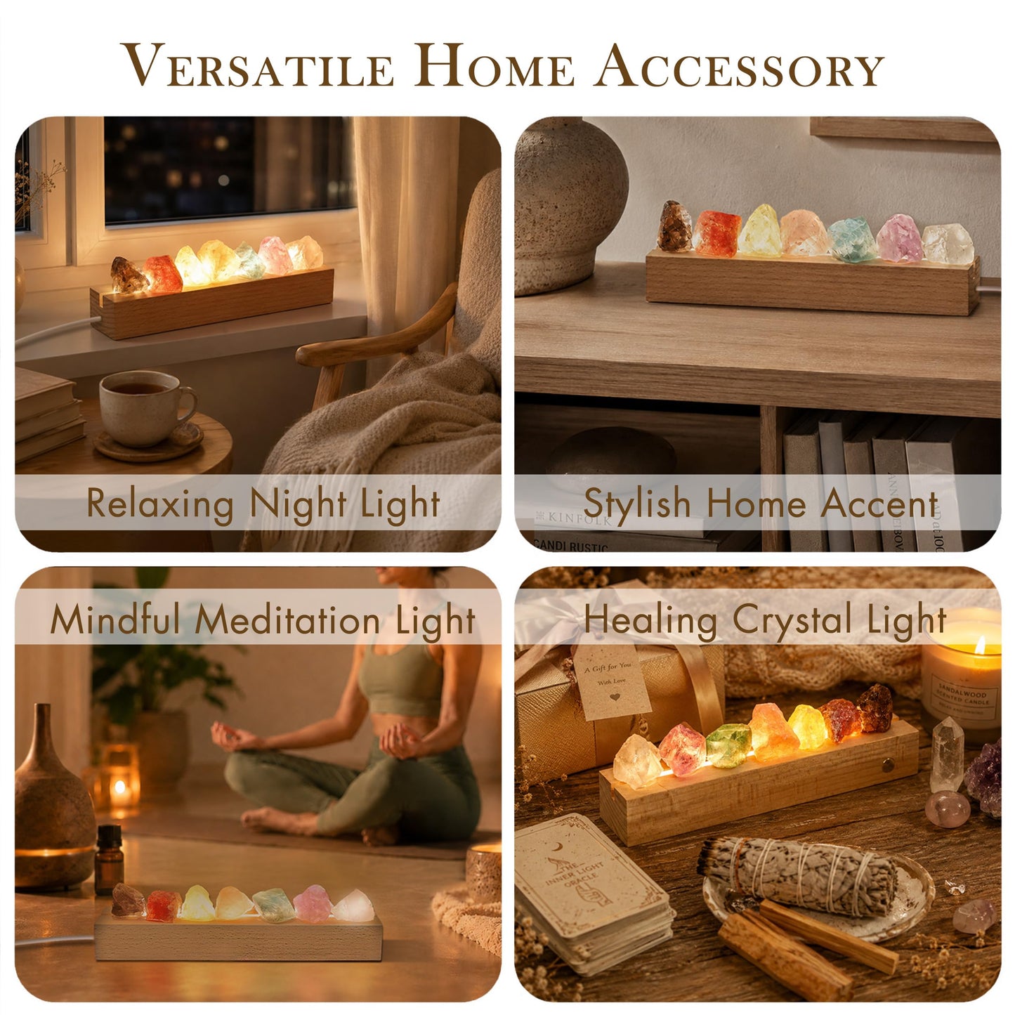 HYAMVOR Healing Crystal Night Light,7 Chakra Stones Bedside Lamp,Mood Light with Wooden LED Light Base,Healing Stones Positive Energy Night Light for Home Decor Gifts (Plug-in)