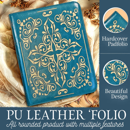 Professional Padfolio for Organized Productivity, Zippered Portfolio, Business Card & Interview Portfolio, Tablet, Laptop, Phone & Folder Holder, Included Pen & Notepad, Antique Teal Binder.