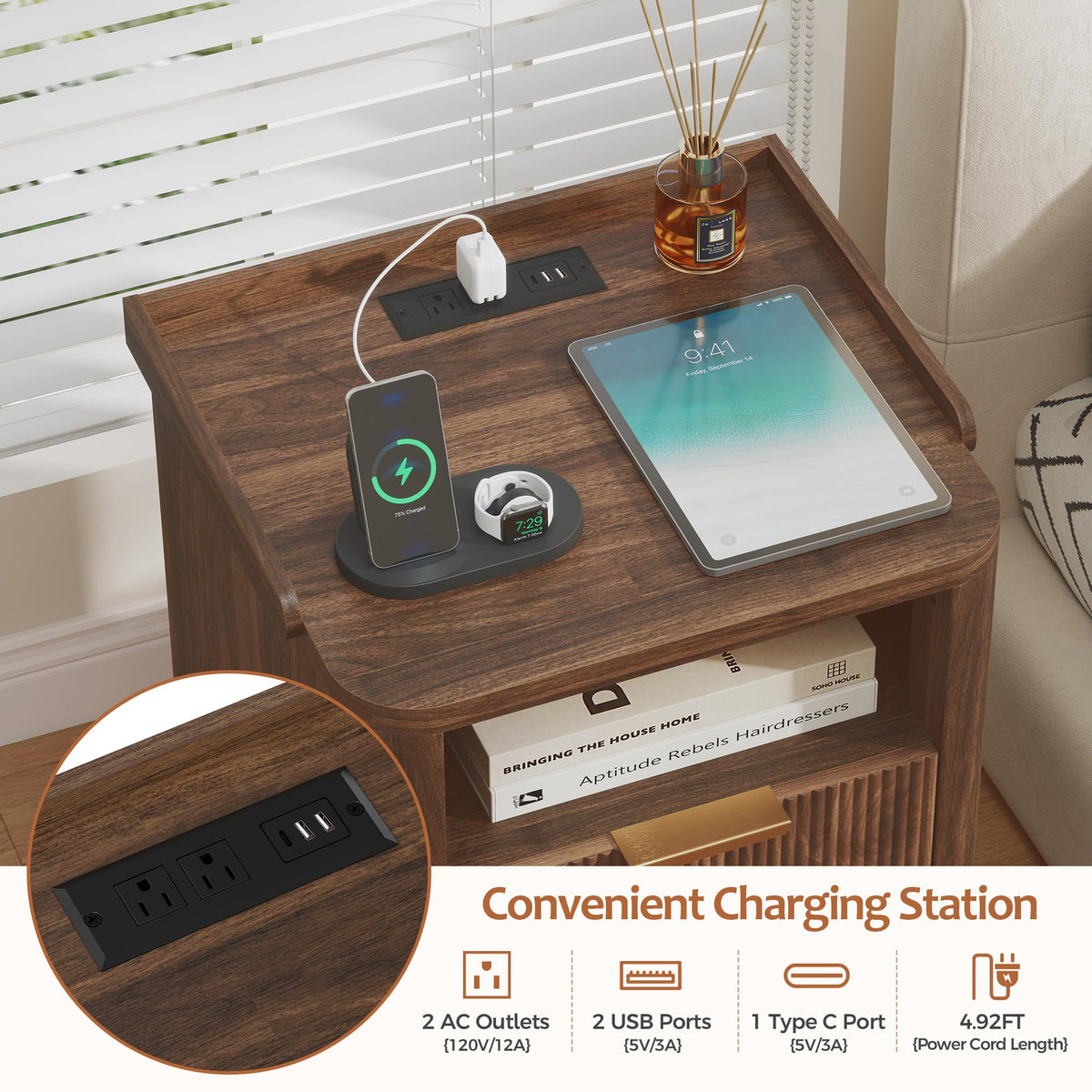 Turosur Night Stand with Charging Station, Fluted Nightstand with 2 Drawers and LED Light, Wood Bedside Table with Open Storage for Bedroom, Walnut
