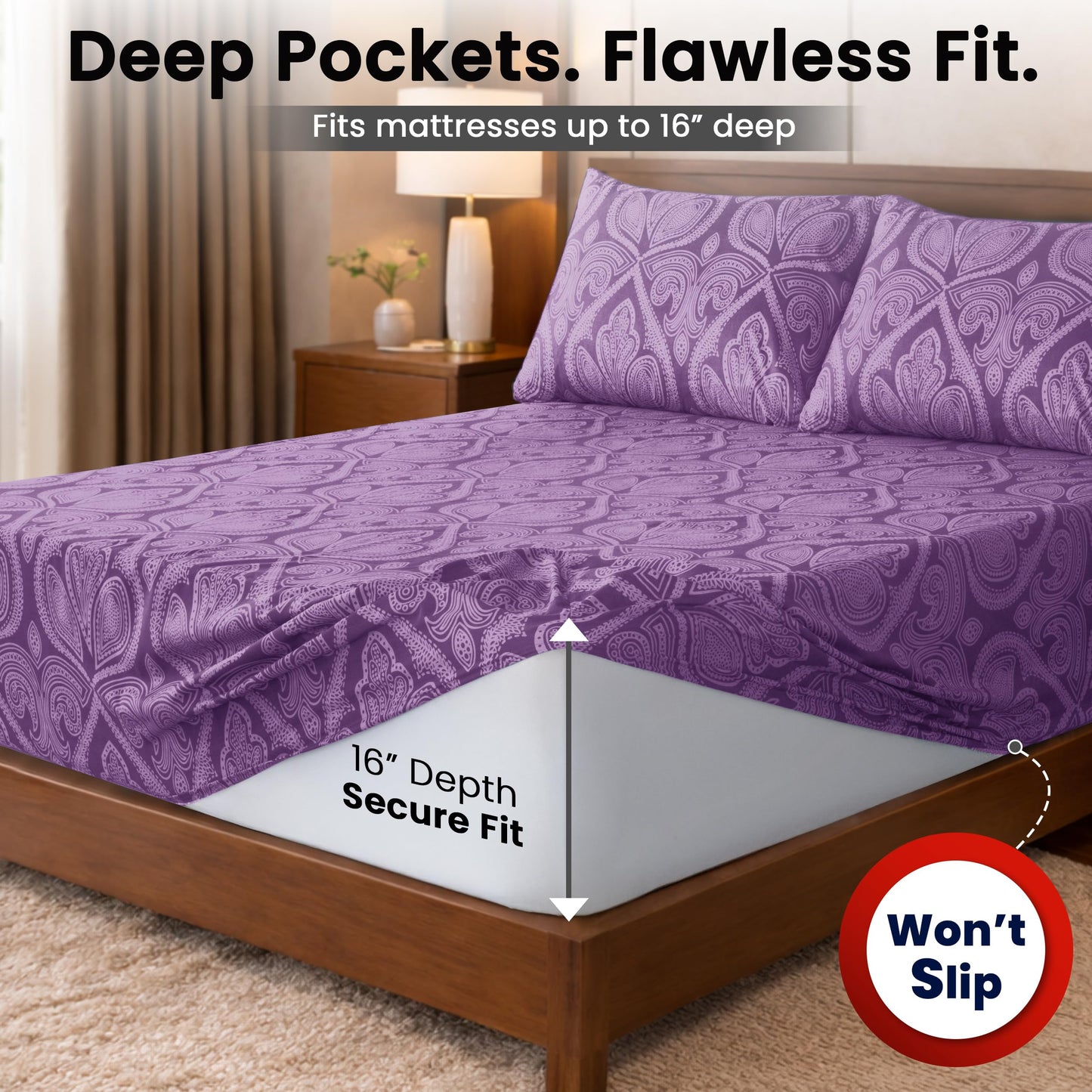 Ultra Soft Wrinkle-Free Microfiber Paisley Queen Sheet Set, Cute Floral Pattern Boho Print – 16" Deep Pocket Fitted Sheet, Flat Sheet & 4 Pillowcases, Breathable, OEKO-TEX - Purple