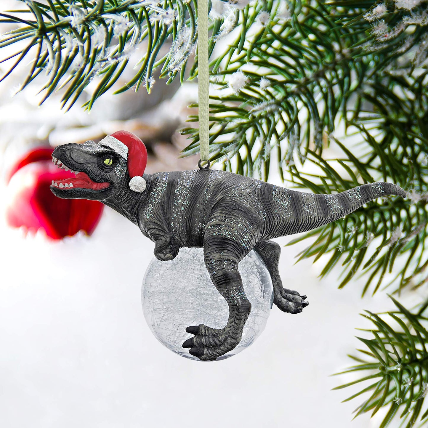 Design Toscano Blitzer the T Rex Dinosaur Christmas Tree Ornament, 5 Inch Long, Cast Stone Resin with Glass Ball, Green Glitter Finish
