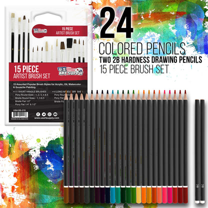 U.S. Art Supply 162-Piece Mega Wood Box Artist Kit with Painting, Drawing & Art Supplies for Adults - 24 Each (Watercolors, Oil Pastels, Pencils), 60 Crayons & 2 Brushes - Art Kit for Adults, Gift Set