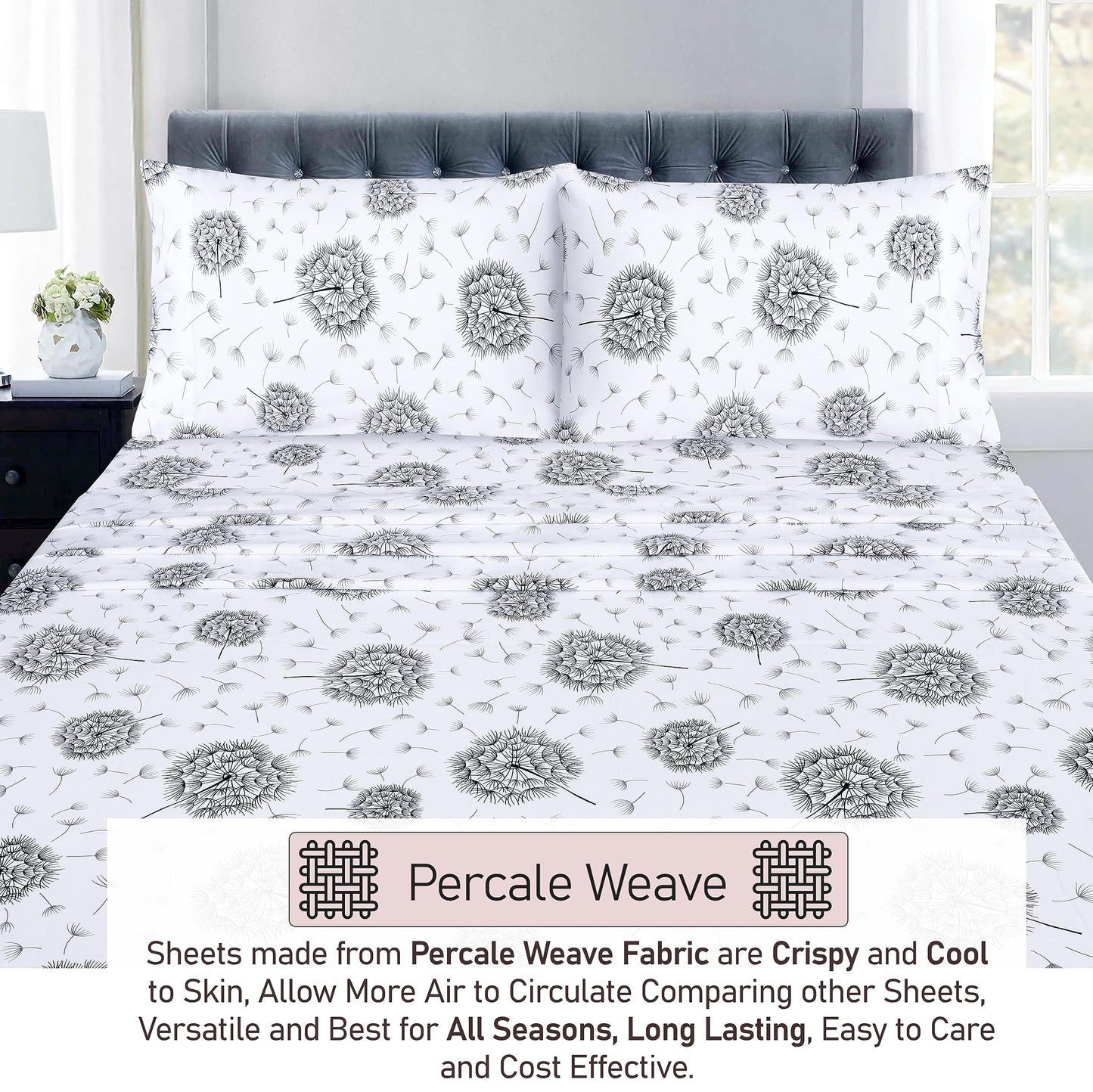 RUVANTI 100% Cotton Percale Sheets Full Size, Dandelion