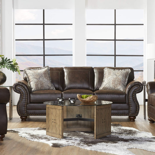 Leinster Faux Leather Sofa with Antique Bronze Nailheads in Espresso