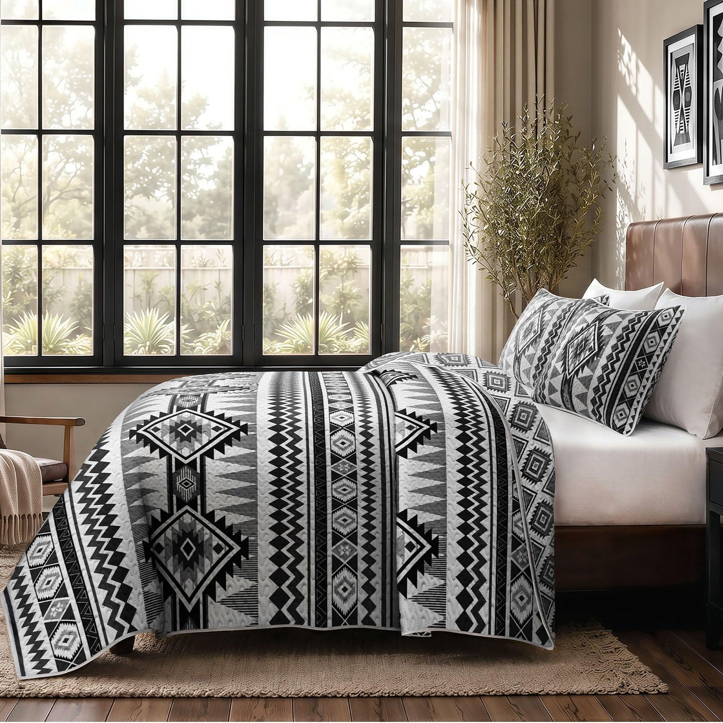 akkialla Reversible Black Boho Queen Quilt Set, 2-Piece Bohemian Aztec Microfiber Bedspread, Soft Lightweight All-Season Coverlet (1 Quilt, 2 Shams)