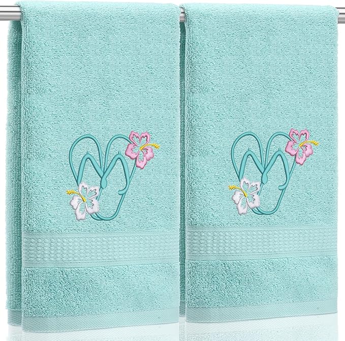 2 Pcs Flip Flops Hand Towels Mint Green Bathroom Decor 14x29 Inch Embroidered