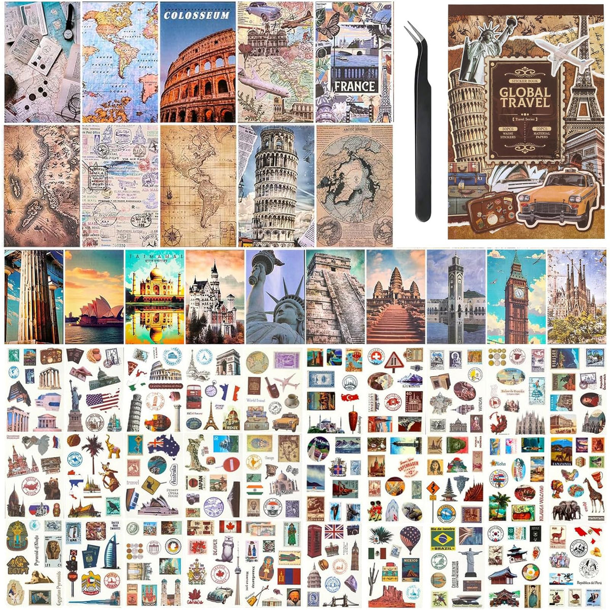 Vintage Scrapbook Stickers, Aesthetic Global Travel Sticker Book for Scrapbooking with 320+ Washi Stickers and 20 Scrapbook Papers, Journaling Supplies, Ephemera for Junk Journals DIY Arts Crafts