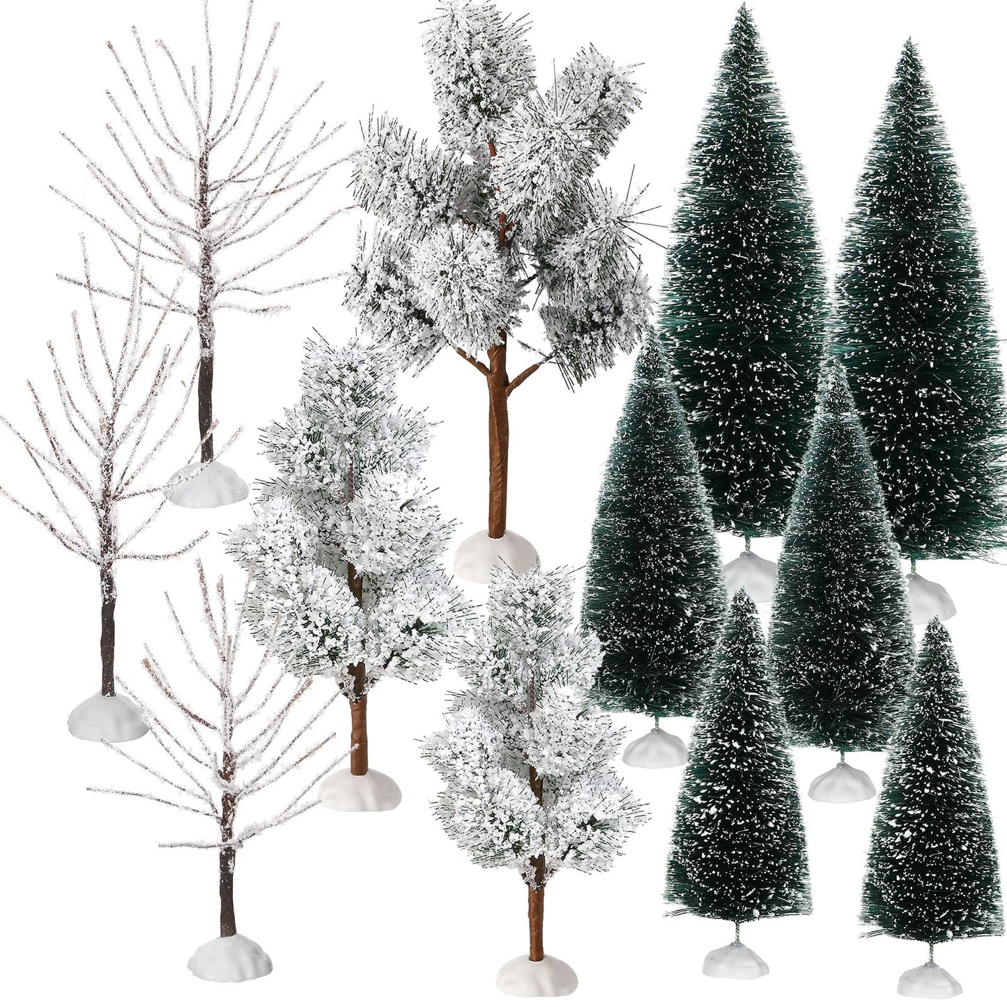 12 Pieces Christmas Village Trees Tabletop Mini Snow Model Frost Bottle Brush Trees Halloween Winter Tabletop Displays Miniature Village Christmas Decor Accessory Figurine(Vivid Style)