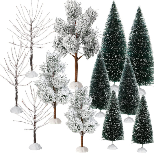12 Pieces Christmas Village Trees Tabletop Mini Snow Model Frost Bottle Brush Trees Halloween Winter Tabletop Displays Miniature Village Christmas Decor Accessory Figurine(Vivid Style)