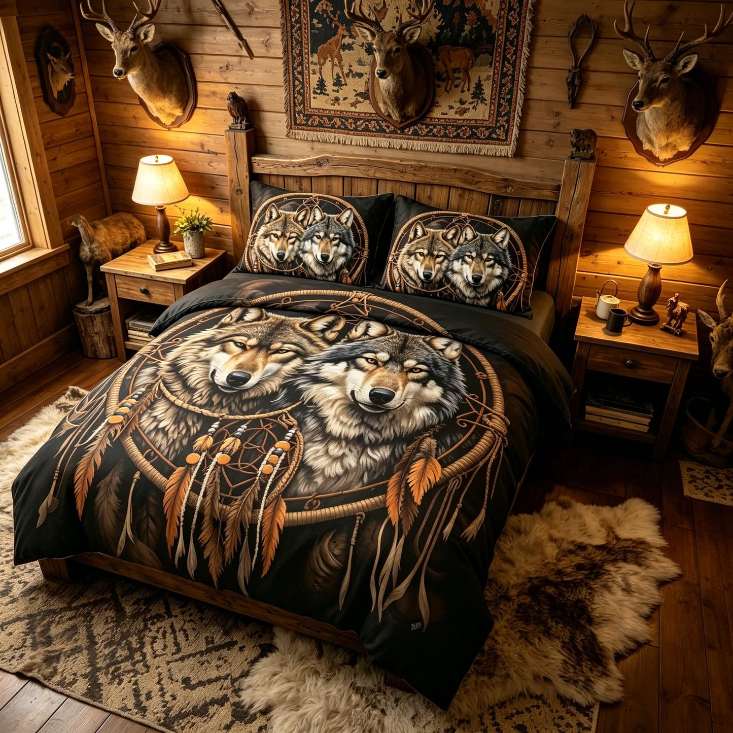 CCoutueChen Black Wolf Comforter Set Queen Size, Cabin Lodge, Wildlife Animal Print Bedding Set with Dreamcatcher, Soft Microfiber Lightweight Comforter,3 Pcs 2 Pillowcases/90 x90