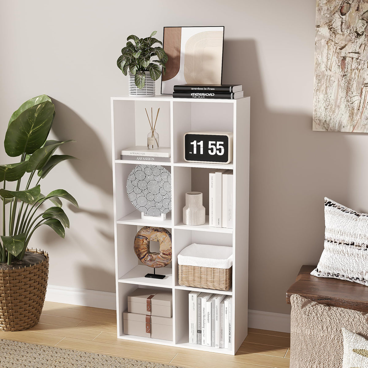 NewBeth 8-Cube Bookshelf, Tall Open Back Storage Shelves, Heavy Duty Wood Cubby Organizer for Small Spaces, Dorm Room Apartment Office, Unit for Book Toy Record Player Display (White, 8-Cube)