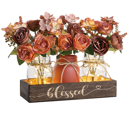 Fancyplus 3 Pcs Mason Jar Centerpiece with Wood Tray & LED Light, Farmhouse Table Decor for Dining Room Kitchen Living Bathroom, Orange