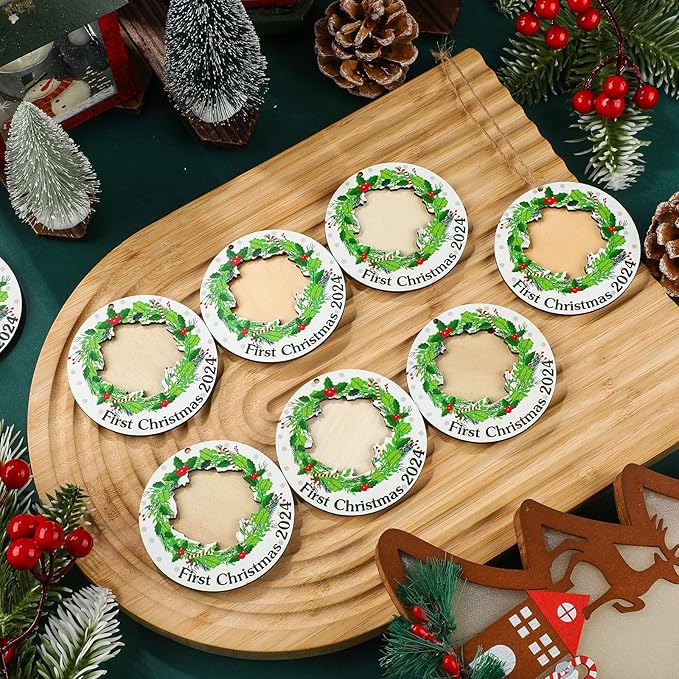 Blulu 24 Pcs Baby First Christmas Photo Ornament 2025 Christmas Pictures Frame Bulk Christmas Hanging Picture Frames Wooden for Xmas Tree Baby Gifts Keepsake