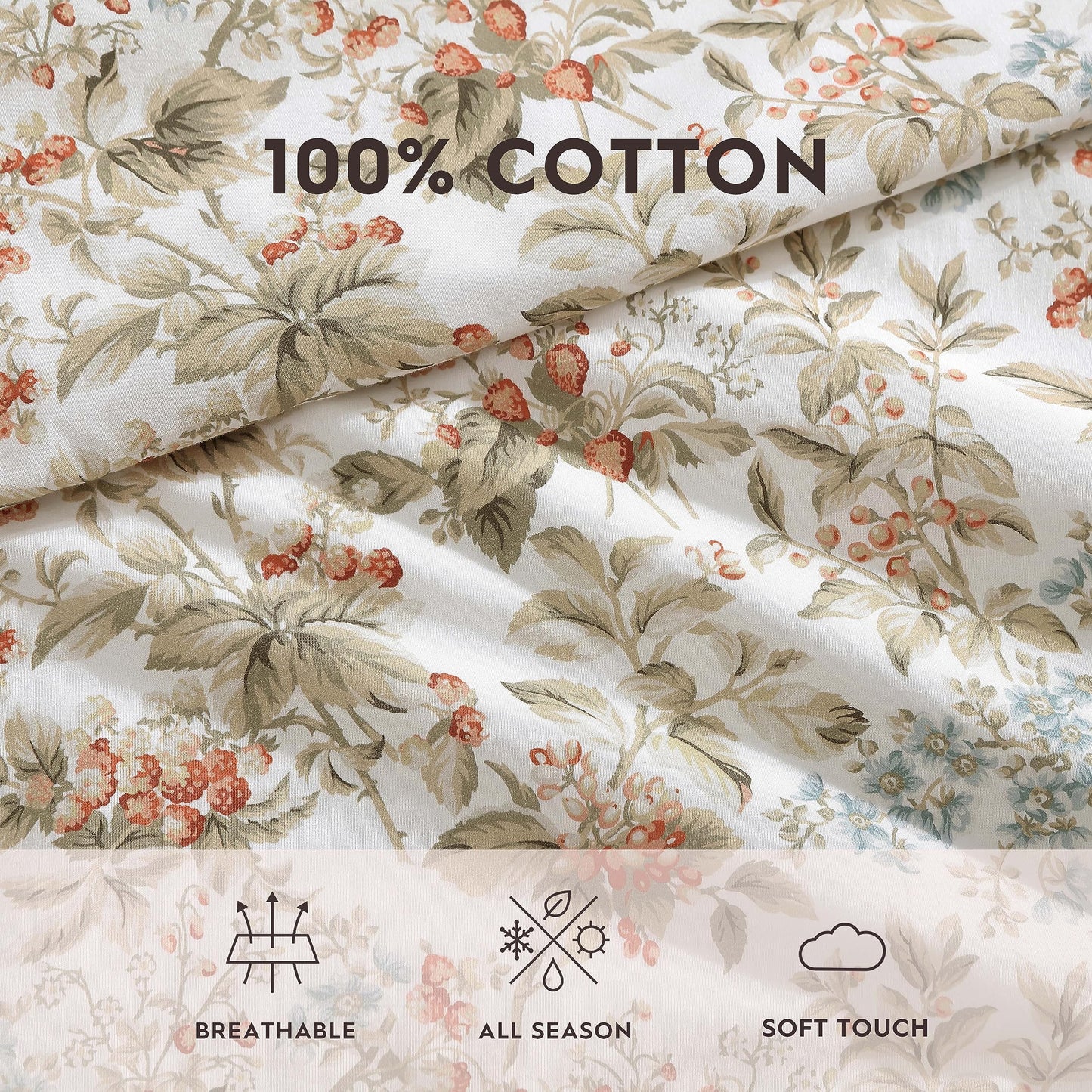 Laura Ashley - Queen Comforter Set, Reversible Cotton Bedding with Matching Shams, Floral Home Decor with Plaid Reverse (Bramble Floral Beige, Queen)