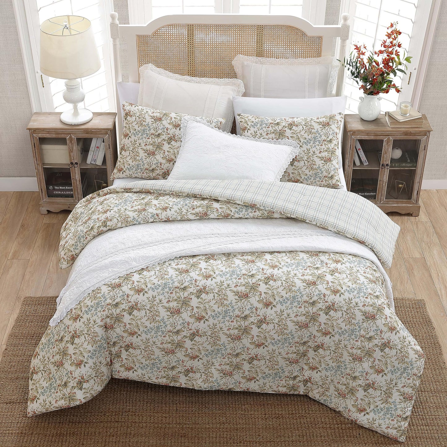 Laura Ashley - Queen Comforter Set, Reversible Cotton Bedding with Matching Shams, Floral Home Decor with Plaid Reverse (Bramble Floral Beige, Queen)