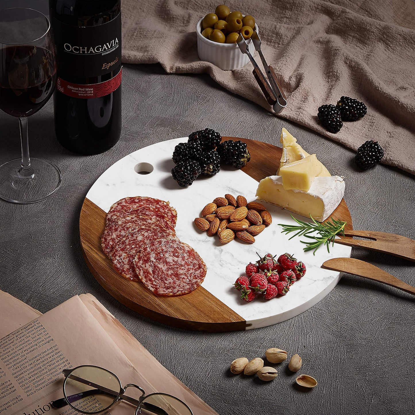 Marble Cheese Board with Acacia Accent 12" Round - Beautifully Handcrafted Charcuterie Board for Two - Round Cutting Board - Wonderful Housewarming Gift 11x11x0.6 inches