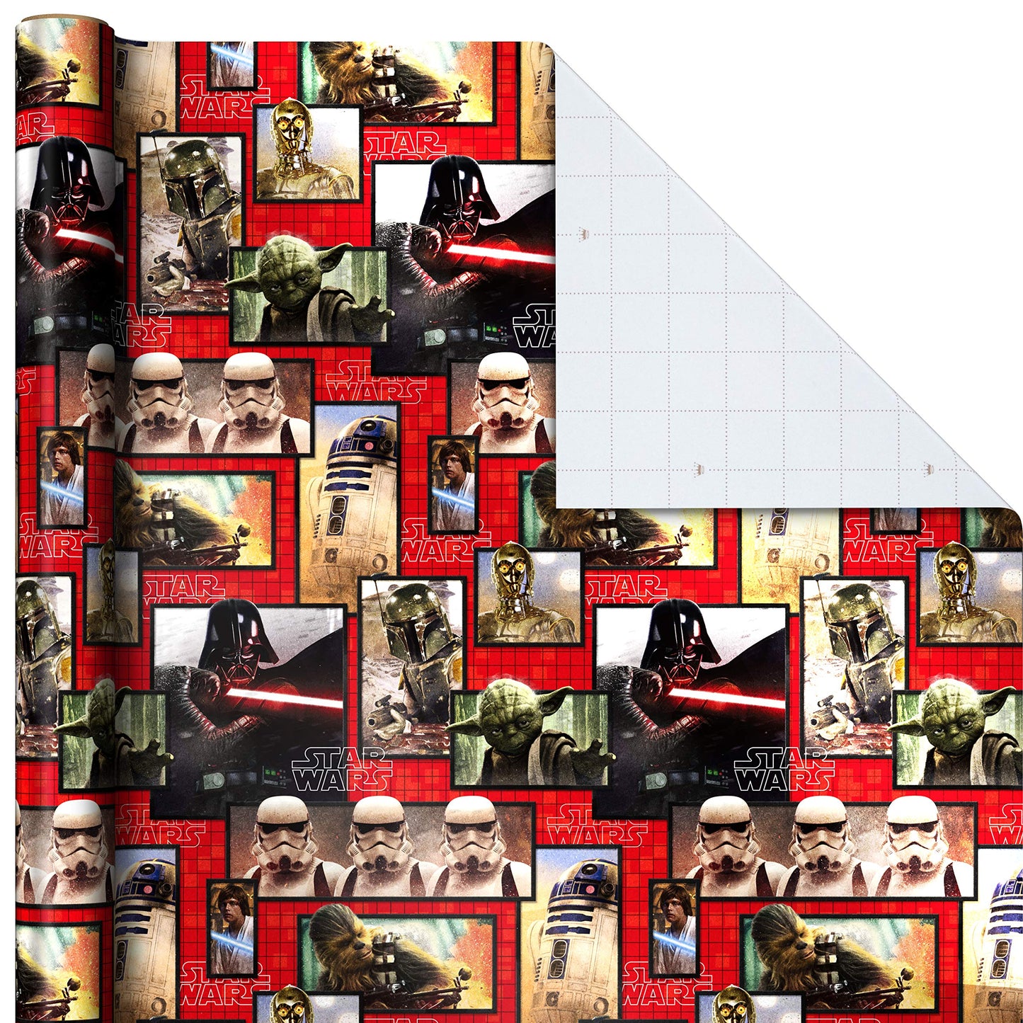 Hallmark Star Wars Wrapping Paper with Cut Lines on Reverse (3-Pack: 60 sq. ft. ttl) with Yoda, Darth Vader, Chewbacca, R2-D2, C-3PO, Stormtroopers, X-Wing, Millennium Falcon
