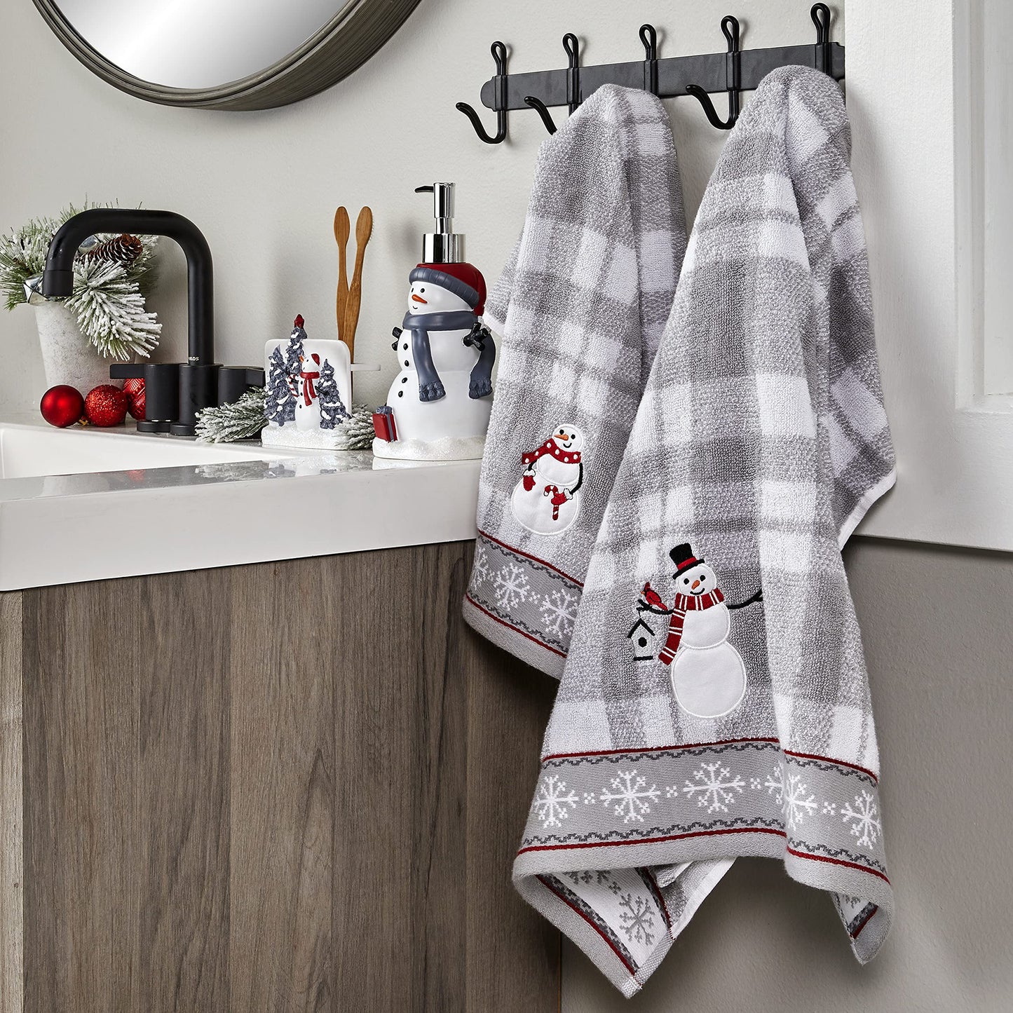 SKL Home Christmas/Winter Whistler Snowman Hand Towel 2pc Set for Bath/Kitchen/Bar & Gift, Gray