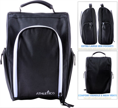 Athletico Golf Shoe Bag - Zippered Shoe Carrier Bags With Ventilation & Outside Pocket for Socks, Tees, etc. Perfect Storage (Black)