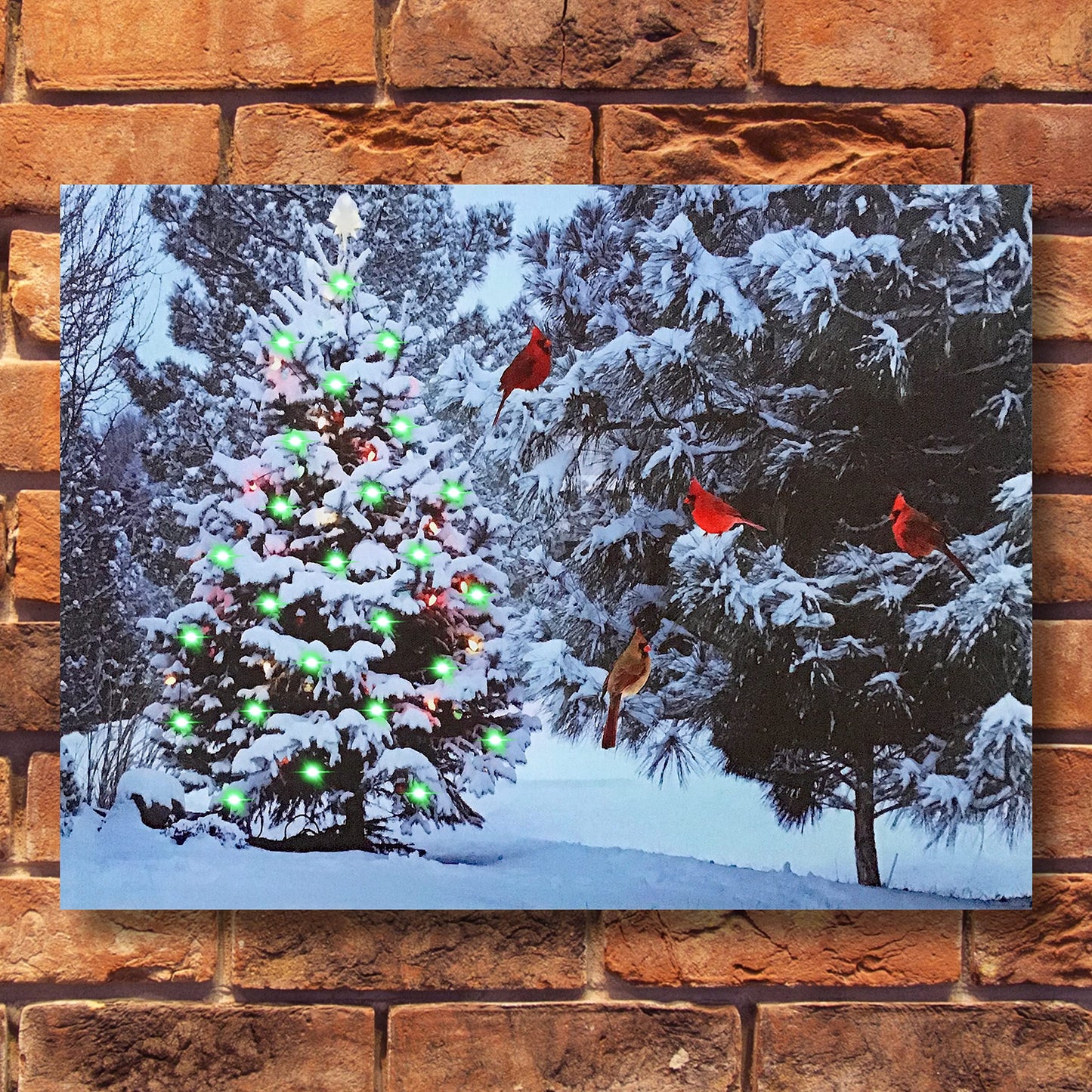 Lighted Christmas Tree & Cardinal Birds LED Canvas Print - Snowy Winter - Forest Pine Trees - Winter Scene Wall Art Measures 15.75" X 11.75"