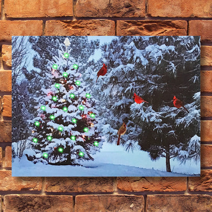 Lighted Christmas Tree & Cardinal Birds LED Canvas Print - Snowy Winter - Forest Pine Trees - Winter Scene Wall Art Measures 15.75" X 11.75"