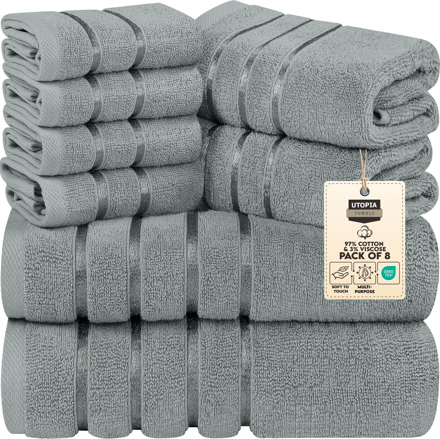 Utopia Towels 8-Piece Luxury Towel Set, 2 Bath Towels, 2 Hand Towels, and 4 Wash Cloths, 500 GSM, 97% Ring Spun Cotton Highly Absorbent Viscose Stripe Towels Ideal for Everyday use (Cool Grey)